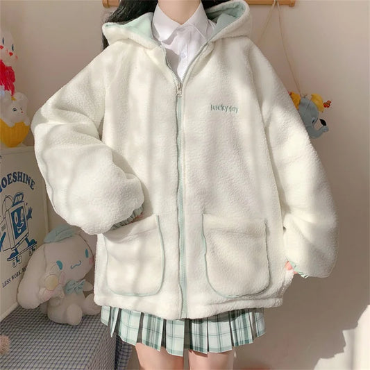 Japanese Sweet Loli Coat Kawaii Hooded Bear Ear Cute Double-sided Zipper Full Sleeve Lambswool Keep Warm Thicken Outerwear girl jacket