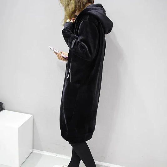 Autumn Thick Warm Hooded Basic Coats Women Sweatshirts Casual Loose Lady Winter Long Black Winter Fleece Hoodies Femme - Women Jacket - Women Casual