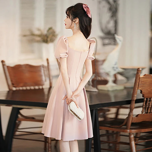 Women Short Satin Prom Party Dresses Square Collar Knee Length Dress Zipper Back Puff Sleeves Gowns Women Homecoming