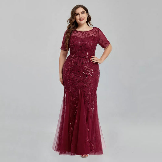 Sequin Mesh Embroidery Mermaid Evening Dress Formal Short Sleeve Elegant Party Gowns New Long Women Plus Size Clothing - Women Prom
