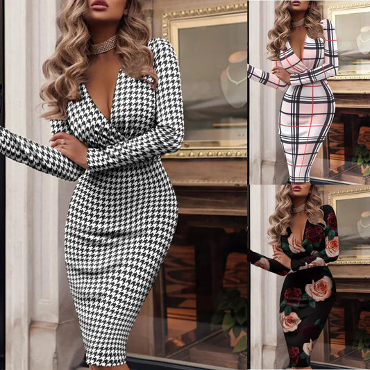 Autumn Winter Sexy Long Sleeve V-Neck Houndstooth Print Dress Woman Harajuku Vestido Midi Bodycon Dresses For Women Plus Size Cloth - Women Work dress