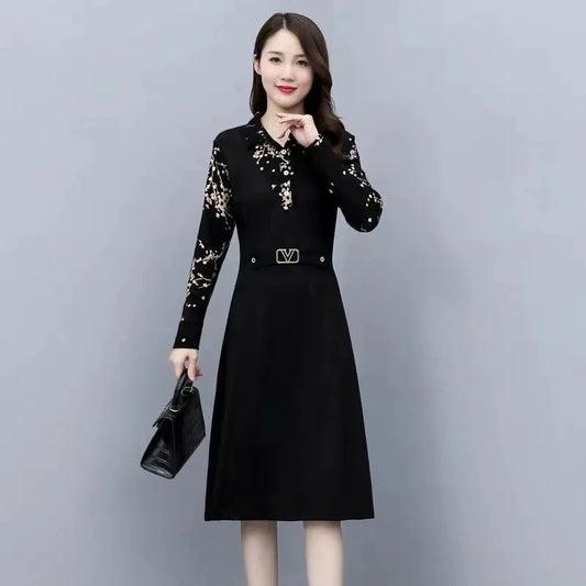 Woman Elegant Fake Two Piece Dress Ladies Office Wear Long Sleeve Floral Dress Plus Size Patchwork Vintage Vestidos Women Dress For Work