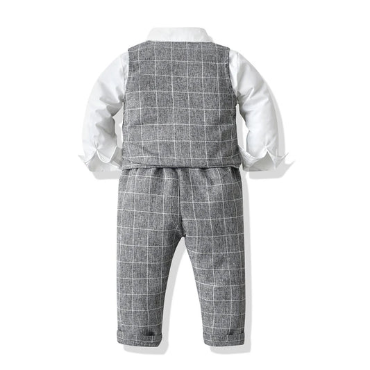 top and top Boys Casual Clothing Sets Kids Formal Outfit Long Sleeve White Bowtie Shirt+Plaid Vest+Pants 3Pcs Boy Suits Wedding Boys Shirt Boys Clothing