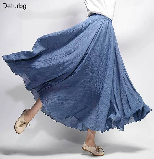 Women's Elegant High Waist Linen Maxi Skirt Summer Ladies Casual Elastic Waist 2 Layers Skirts saia feminina 20 Colors SK53- Women Skirts - Formal Skirts - Women Casual
