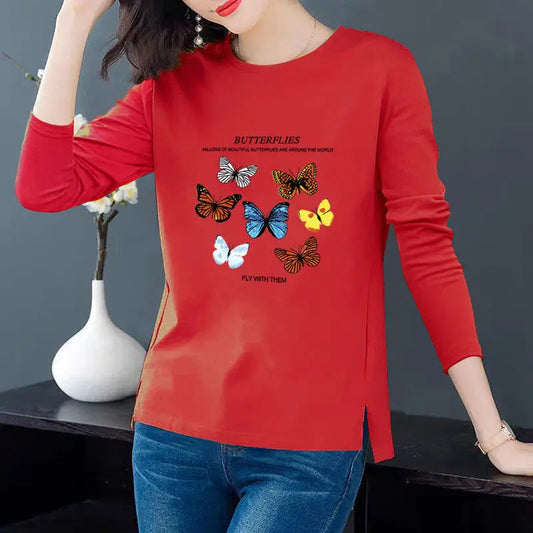 Butterfly Top Woman Cotton Long Sleeve Graphic T-Shirts Plus Size Woman Clothing Female Basic Tee Shirts Tunics Women Tops - Women Casual