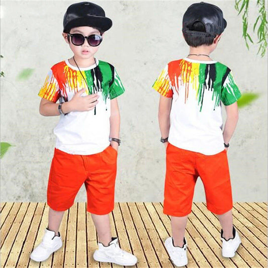 New Summer Boys Clothing Set Casual Hip-hop Stripe Colorful T-Shirt + Pants 2Pcs Suit Kindergarten Performance Boys Clothing - Boys Short - Boys Shirt