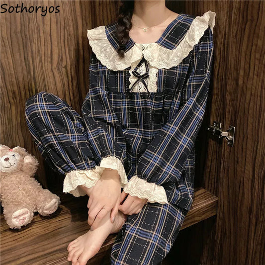 Long Sleeve Plaid Pajama Sets Sweet Princess Lace Turn Down Collar Cute Sleepwear Korean Lounge Two Pieces Pyjamas women sleep