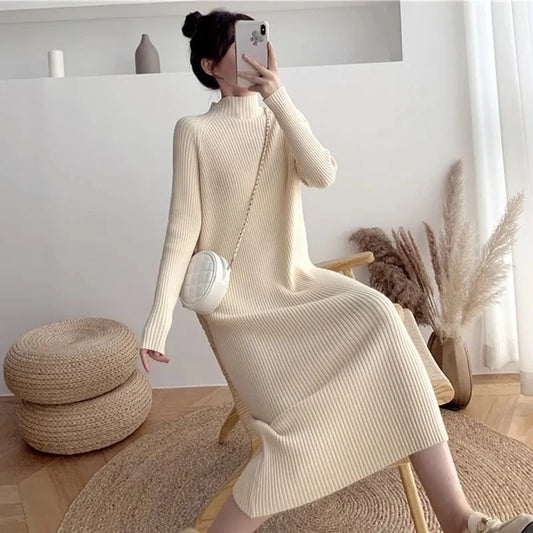 Sweater Dress Woman Korean Style Solid Colorts Autumn Winter Knit Dress Ladies Office Loose Midi Dresses Plus Size Vestideo Women Dress For Work