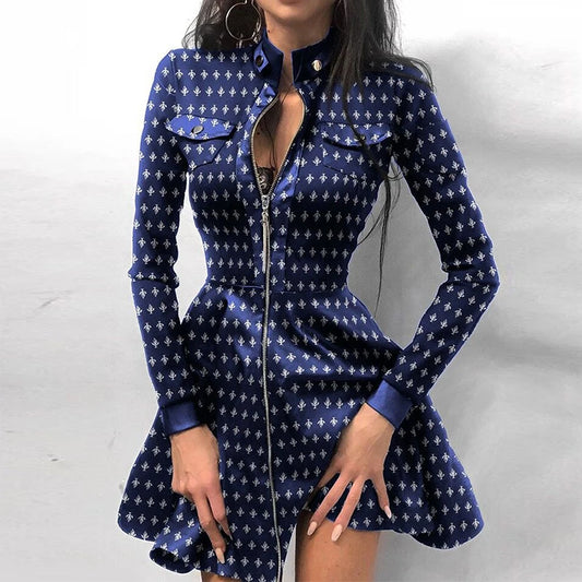 Lace Mesh Sleeve Patchwork Women Sexy Dress Autumn Stand Collar Print Zipper Pocket PU Leather Dress Elegant Slim A-Line Dresses Women Prom - Women Tees - Women Short
