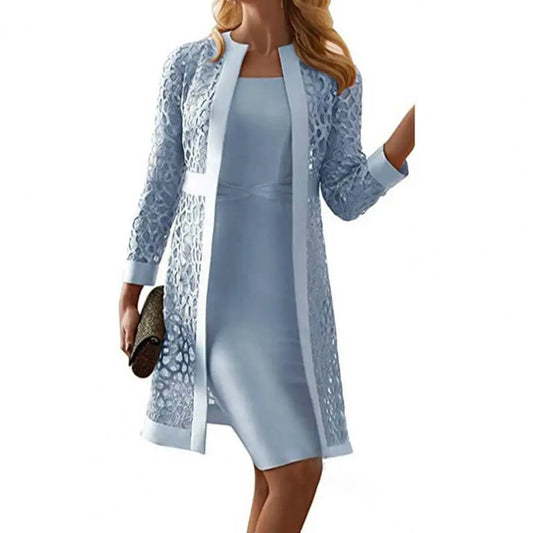 Elegant Woman Dress Set Outfits Solid Color Lace Long Sleeve Cardigan Coat Dress Set Fashion Office Lady Dress Sets Party Women Work Dress