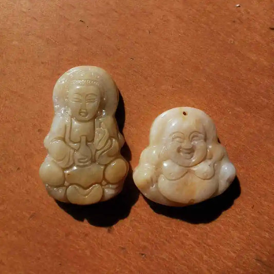 Natural Yellow Hard Jadite GuanYin Mile Buddha Amulets Buddhist Pendant for Man and Woman - Women Jewellery - Girl Jewellery - Women Accessory - Girl Accessory - Men Jewellery - Men Accessory