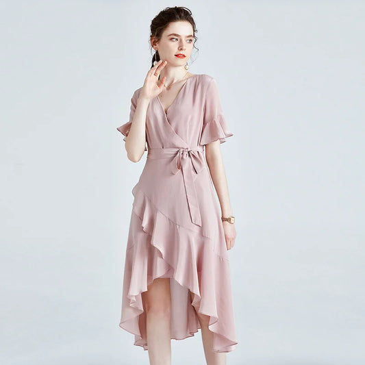 Pink Irregular Silk Dresses Woman Natural Silk Summer Long Casual Sexy Office Daily Dress Plus Size Slim Fit A Line Women Dress For Work - Women Prom