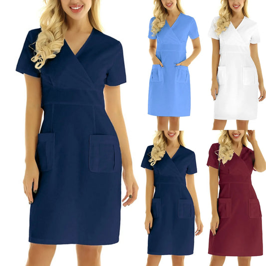 Nurse Working Uniforms Woman Short Sleeve V-neck Solid Work Uniform Pocket Dress Summer Medical Uniforms For Women Casual - Women Lounge