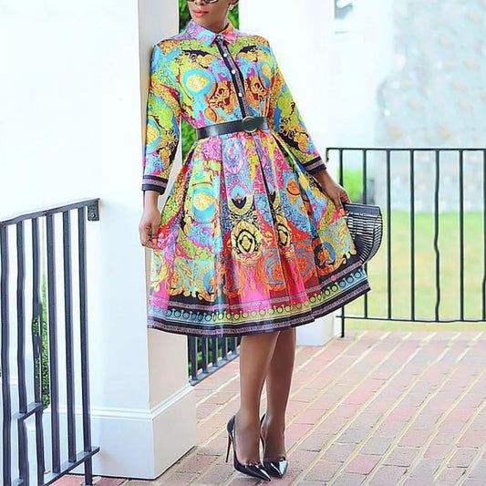 New Arrivals Office Dress Woman Elegant Printed Full Sleeve High Waist A-Line Fashion Business Vestidos Midi Hot Women Dress For Work - Women Short