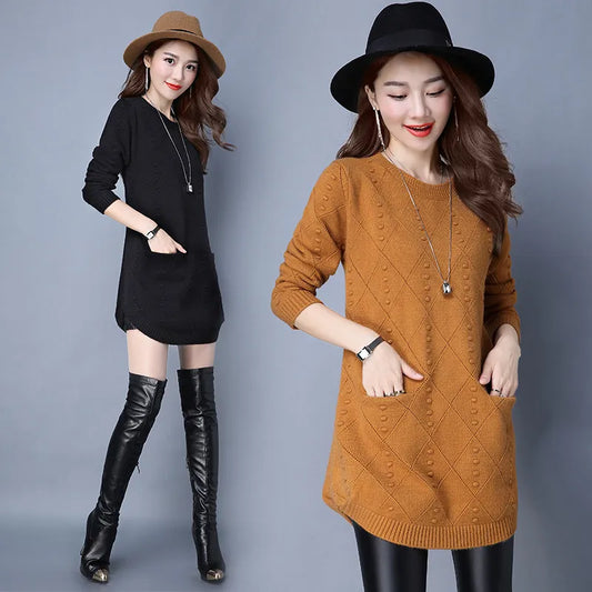 New Fashion Woman Autumn Winter Long Knitted Sweater Pullovers Dress Korean Clothes Long Sleeve Warm Female O-Neck Women Casual - Women Tops