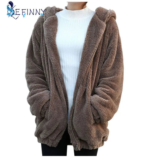 Women Hoodies Zipper Girl Winter Loose Fluffy Bear Ear Hooded Women Jackets Warm Outerwear Coat Cute Sweatshirt Girl Coat
