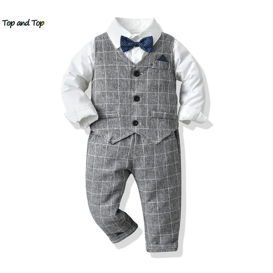 top and top Boys Casual Clothing Sets Kids Formal Outfit Long Sleeve White Bowtie Shirt+Plaid Vest+Pants 3Pcs Boy Suits Wedding Boys Shirt Boys Clothing