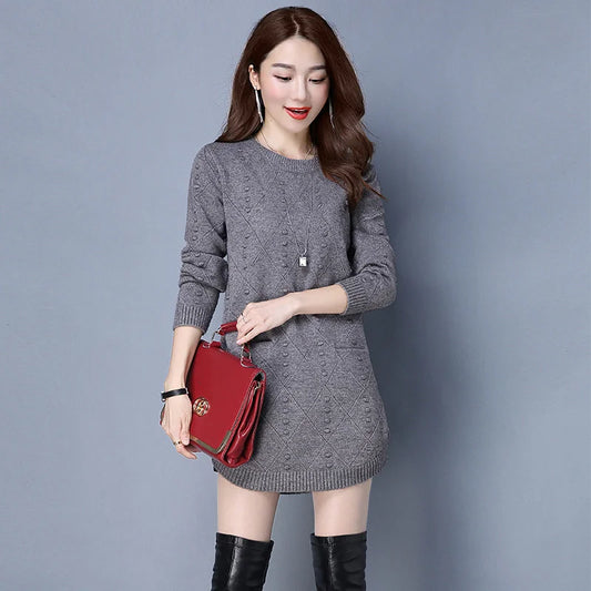 New Fashion Woman Autumn Winter Long Knitted Sweater Pullovers Dress Korean Clothes Long Sleeve Warm Female O-Neck Women Casual - Women Tops
