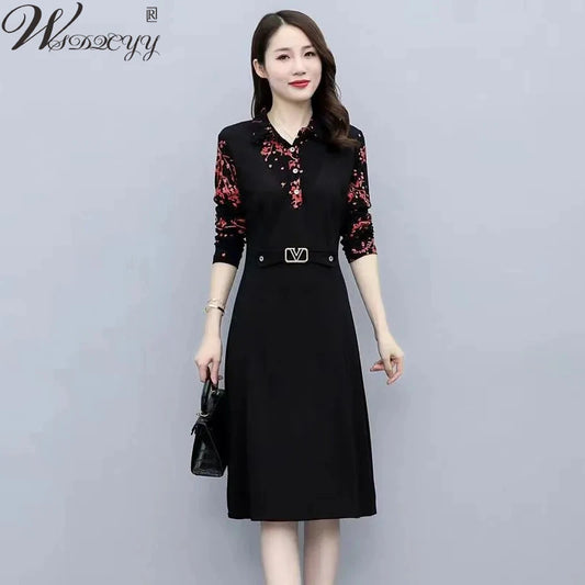 Woman Elegant Fake Two Piece Dress Ladies Office Wear Long Sleeve Floral Dress Plus Size Patchwork Vintage Vestidos Women Dress For Work