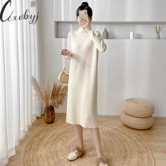 Sweater Dress Woman Korean Style Solid Colorts Autumn Winter Knit Dress Ladies Office Loose Midi Dresses Plus Size Vestideo Women Dress For Work
