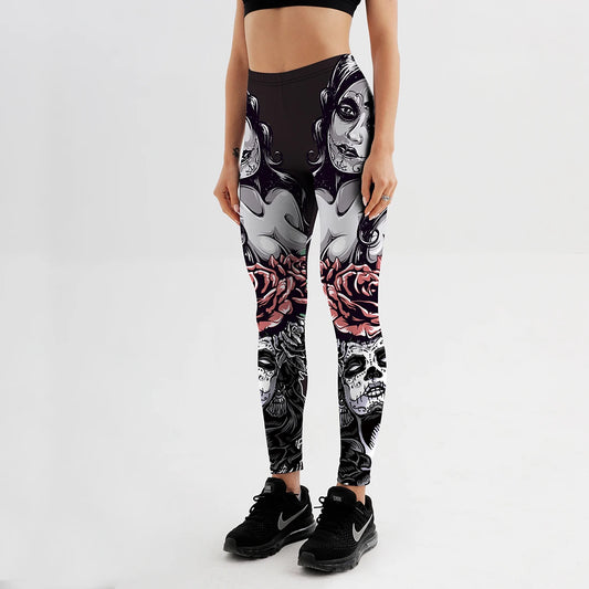 Qickitout New Arrival Sexy Girl With Roses Printed Gothic Fitness Workout Mid Waist Pants women legging