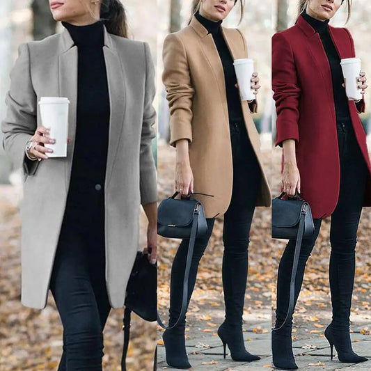 Fashion Woolen Coat Office Lady Autumn Solid Color Stand Collar Woolen Women Plus Size Clothing