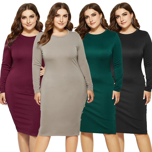 Dress Plus Size Woman Party Dresses Autumn Long Sleeve O-Neck Solid Button Work Dress Black Green Midi Dress Woman Vestidos Women Dress For Work - Women Plus Size Clothing - Women Prom - Women Short