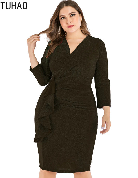 TUHAO Mother Office Lady Elegant Dress Spring Long Sleeve Ruffles Dresses Plus Size 5XL 4XL 3XL Woman Work Dress - Women Tees