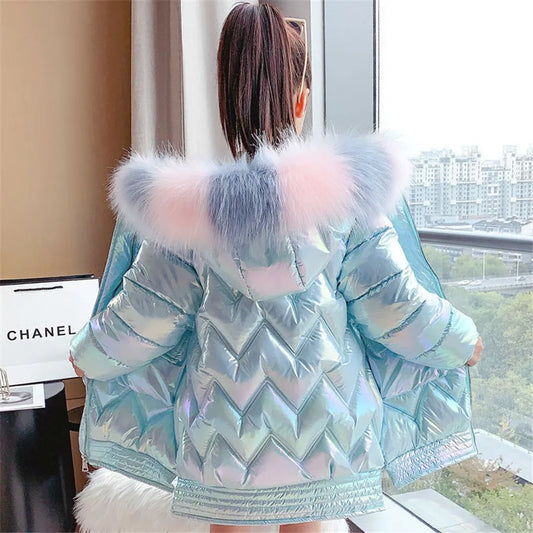 Winter Shiny Girls Hooded Warm Children Girls Winter Coat 3-14 Years Kids Teenage Cotton Parkas Outerwear girl jacket