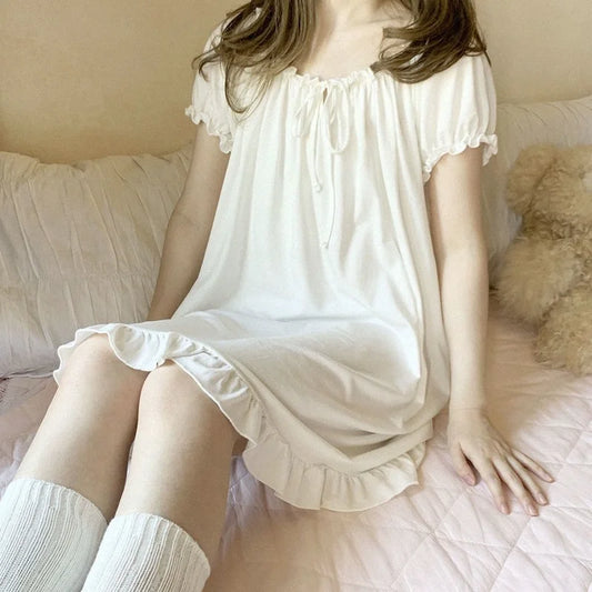 Women Nightgowns Short Sleeve Solid White Blue Sleepwear Student Sweet Lovely Nightdress Fashion Simple Korean Style Home Lounge