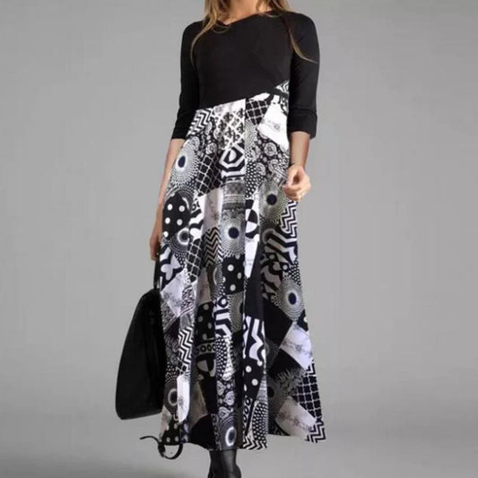 Fashion Woman Shirt Dress Autumn Long Sleeve O Neck Patchwork Female Maxi Dresses Lady Office Long Dress Women Plus Size Cloth - Women Prom