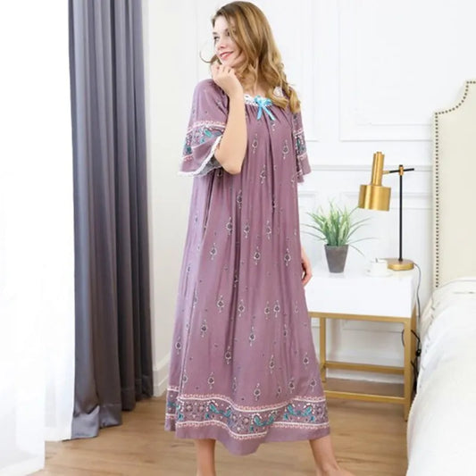 Plus size loose nightgown woman holiday print dress woman summer short sleeve cotton nightdress casual ladies long nightshirt Women Lounge