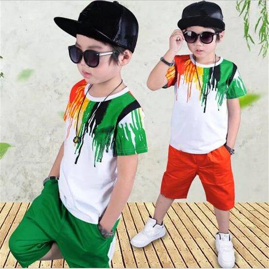 New Summer Boys Clothing Set Casual Hip-hop Stripe Colorful T-Shirt + Pants 2Pcs Suit Kindergarten Performance Boys Clothing - Boys Short - Boys Shirt