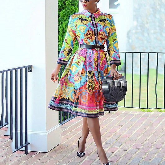 New Arrivals Office Dress Woman Elegant Printed Full Sleeve High Waist A-Line Fashion Business Vestidos Midi Hot Women Dress For Work - Women Short