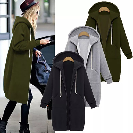 HGTE Autumn Winter Coat Women's Fashion Casual Long Jacket With Hooded Zipper Hooded Sweatshirt Vintage Outwear Women Coat Plus Size