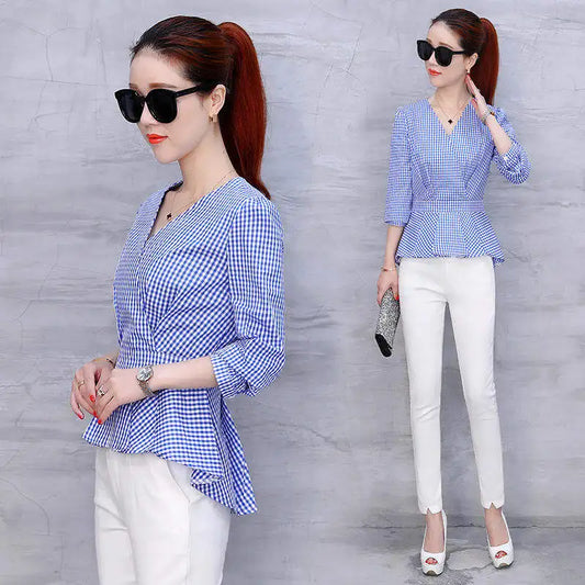 Fashion Woman Summer Slim Clothes Office Wear Plaid Shirt Chiffon Blouses Brand Design Blue Madam Fit Model Women Casual - Women Tops - Women Dress For Work