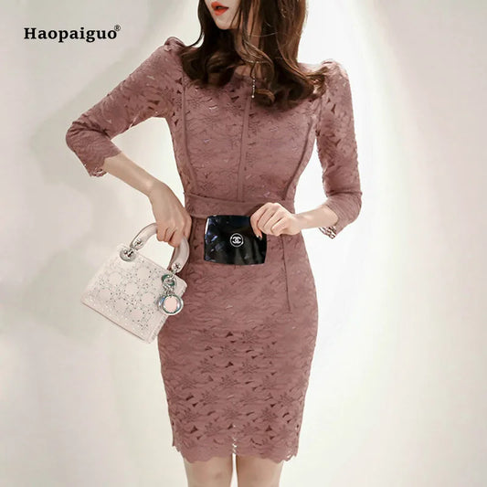 Plus Size Spring Pencil Dress Woman Pink Three Quarter Sleeve O-neck Lace Elegant Office Lady Mini Dress Short Dresses Women Dress For Work