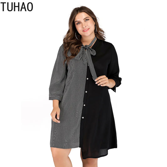 TUHAO Plus Size 5XL 4XL 3XL Office Lady Dresses Autumn Large Size Irregular Woman Patchwork Striped Women Work Dress - Women Plus Size Clothing - Women Tops
