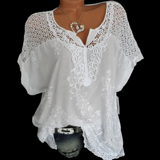 Summer Short Sleeve Womens Blouses And Tops Loose White Lace Patchwork Shirt 5xl 6xl Women Tops shirts Casual Clothes Women Tops & Tees