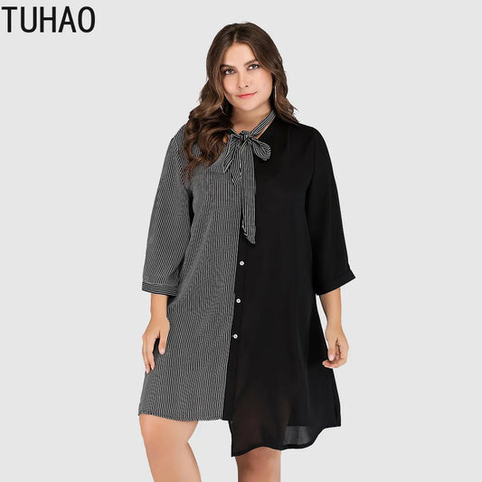 TUHAO Plus Size 5XL 4XL 3XL Office Lady Dresses Autumn Large Size Irregular Woman Patchwork Striped Women Work Dress - Women Plus Size Clothing - Women Tops