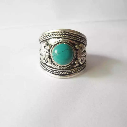 Tibetan Rings for Man Metal Copper Inlay Simulated Turquoise Open Ring Tibet Dorje Amulet R137 - Women Jewellery - Women Accessory