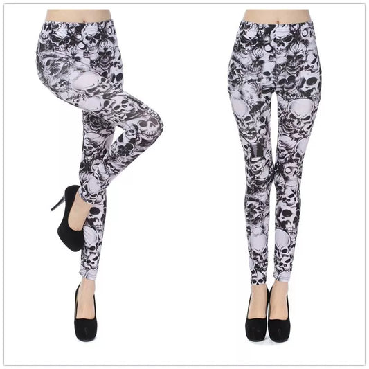 Ladies fitness slimming comfortable white and black pirate skull printing tights pants pencil women legging - girl short