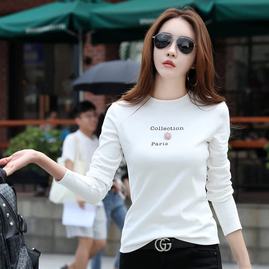 New Design T Shirt Women Long Sleeve Cotton T-shirts Autumn Winter Tops Tees Fashion Appliques Letter Print Female T-shirt Shirt Women Tops & Tees