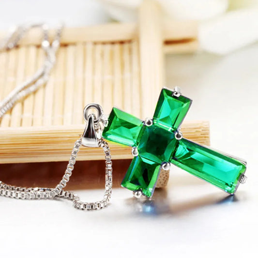 Classic Cross Design Pendant Created Emerald Stone Fashion Crucifix women jewellery