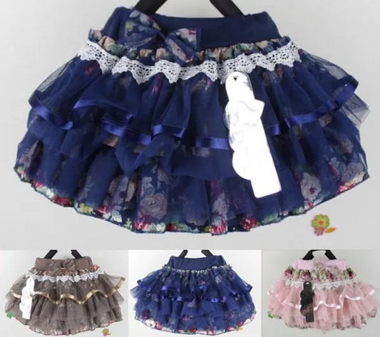 Tulle Floral Print Short Multi-layers lacy Flower Tutu Dancing Skort Princess Child Netting t Free shipping Girl Skirt