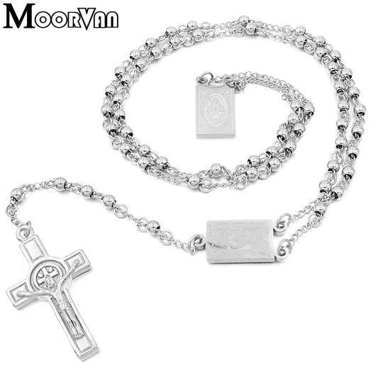 Moorvan 4mm,66cm long gold colour men rosary bead necklace Stainless steel Religion of Jesus, women cross jewellery, 2 colours - Women Jewellery - Girl Jewellery