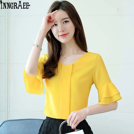 Womens Blouses Summer Flare Sleeve Chiffon Blouse Shirt Ladies Work Wear Office Blusa Feminina Shirts NS3929 women tops - women contemporary - girl tops - girl short