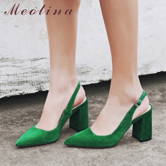 Meotina Kid Suede High Heels Pointed Toe Slingbacks Thick High Heel Pumps Autumn Lady Party Heels Green Beige 34-42 Women Shoe