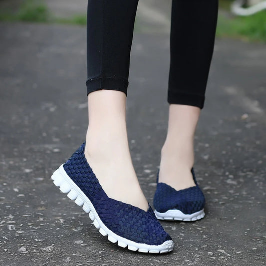Summer Casual Flats Breathable Female Sneakers Woven Walking Slip-On Ladies Loafers Handmade Women Shoes - Girls Shoes