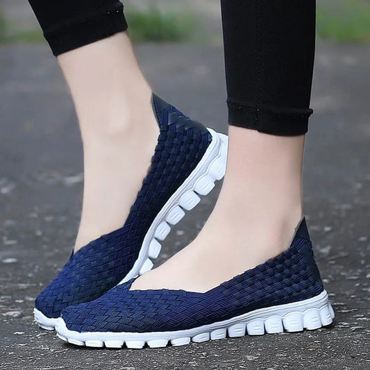 Summer Casual Flats Breathable Female Sneakers Woven Walking Slip-On Ladies Loafers Handmade Women Shoes - Girls Shoes